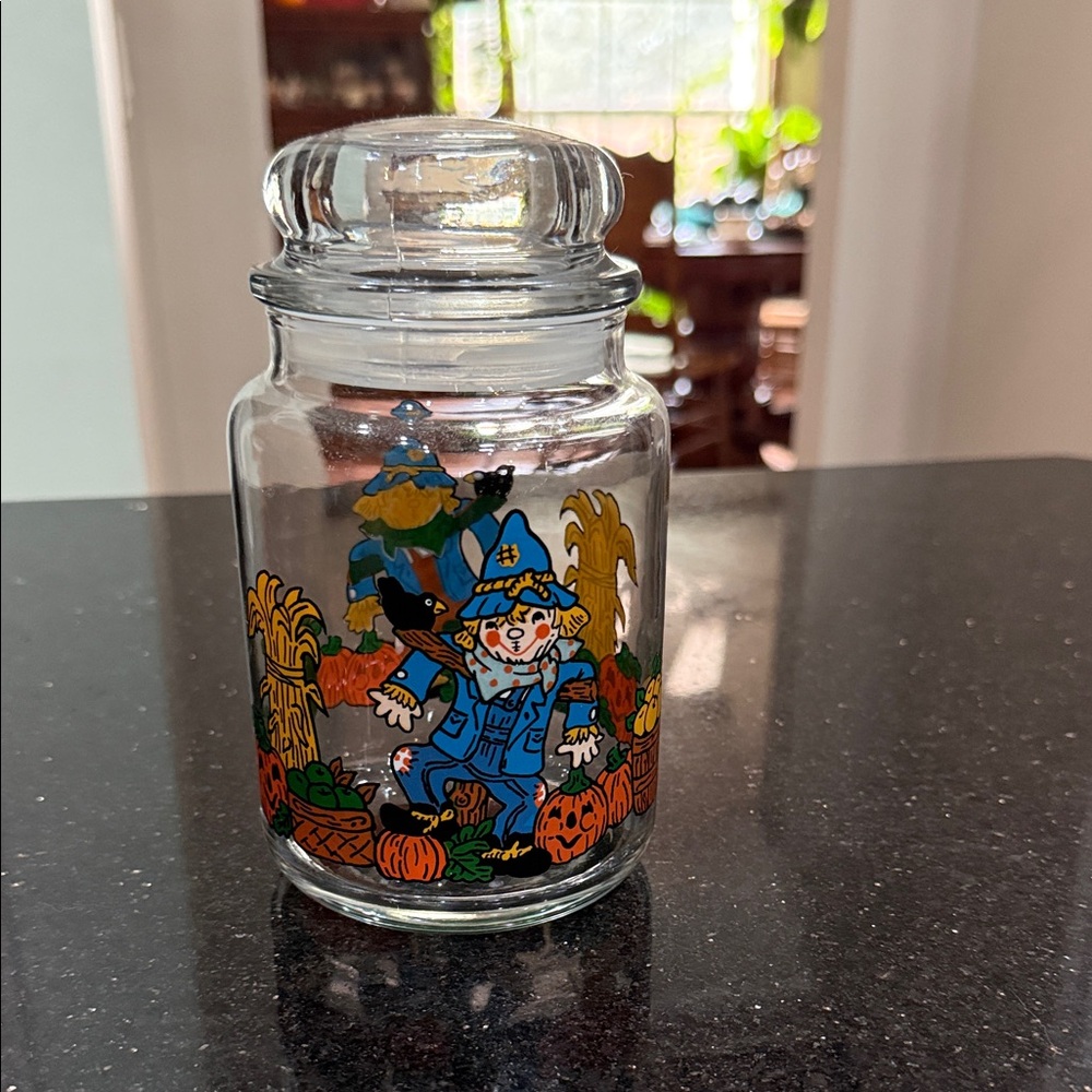 Anchor Hocking Glass Jar with Blue and Orange Design